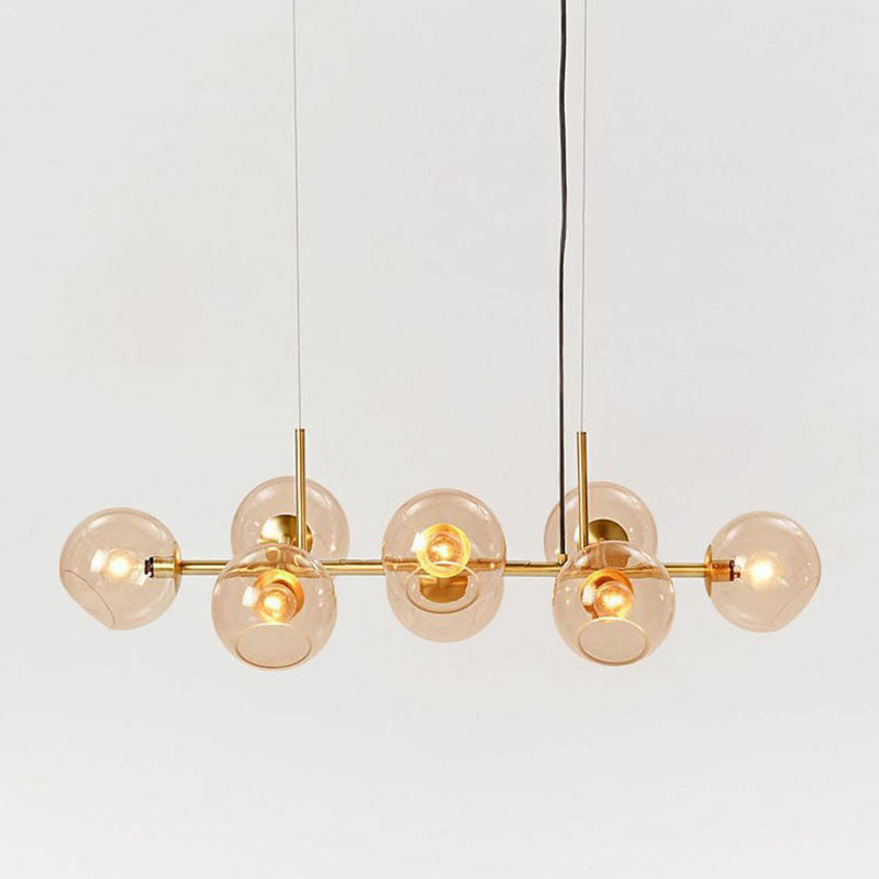 8-Light Dining Room Suspension Lighting Postmodern Brass Island Light with Dome Glass Shade