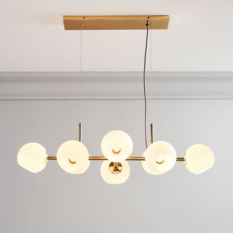 8-Light Dining Room Suspension Lighting Postmodern Brass Island Light with Dome Glass Shade