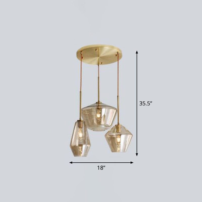 Gemstone Glass Hanging Light Fixture Postmodern 3-Head Brass Finish Cluster Pendant Light