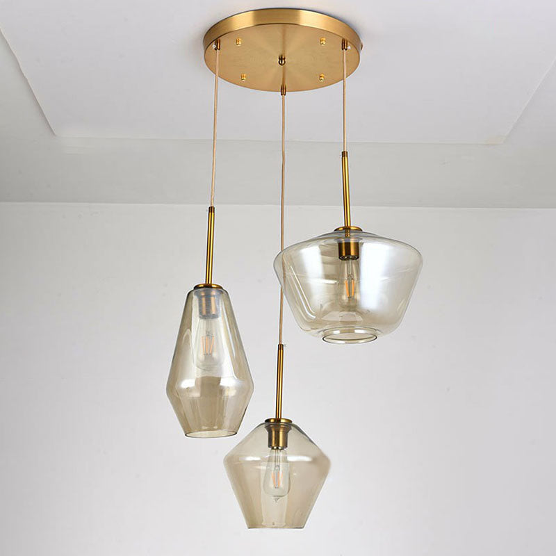 Gold Diamond Shaped Multi-Pendant Postmodern 3 Bulbs Blown Glass Hanging Ceiling Light