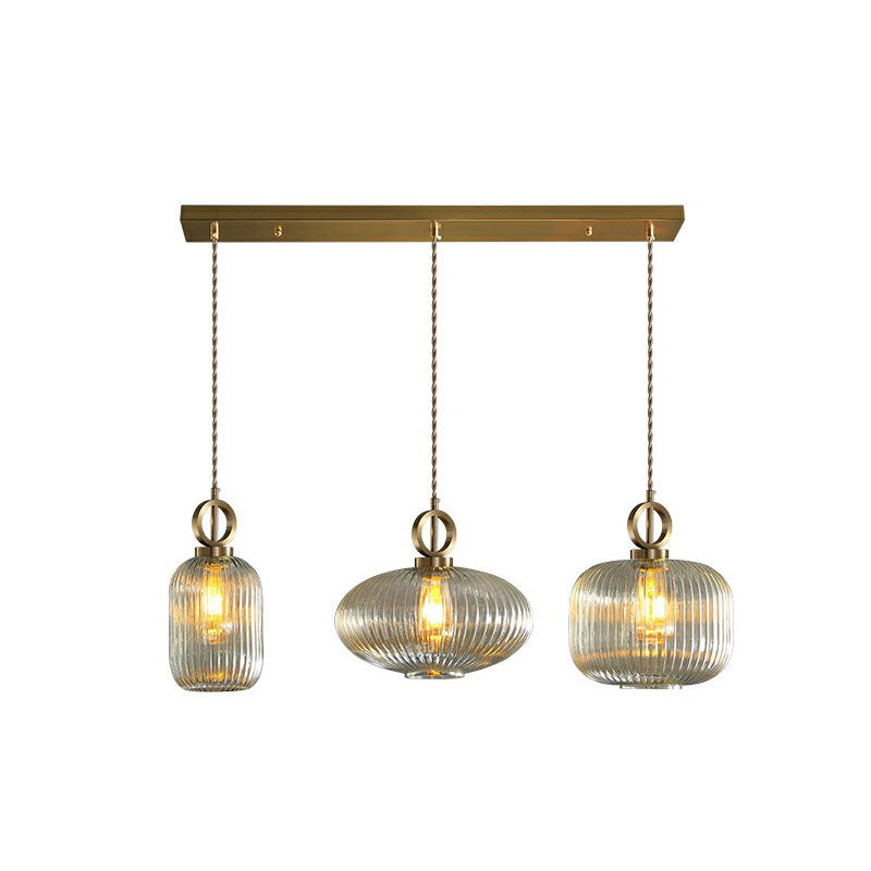 Pendante a sospensione multi-luce a forma geometrica moderna vetro a costola 3 lampadine in ottone sospensione lampada