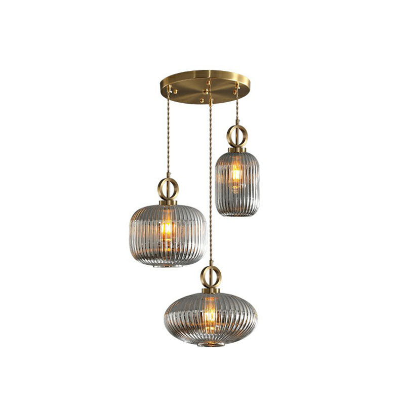 Pendante a sospensione multi-luce a forma geometrica moderna vetro a costola 3 lampadine in ottone sospensione lampada