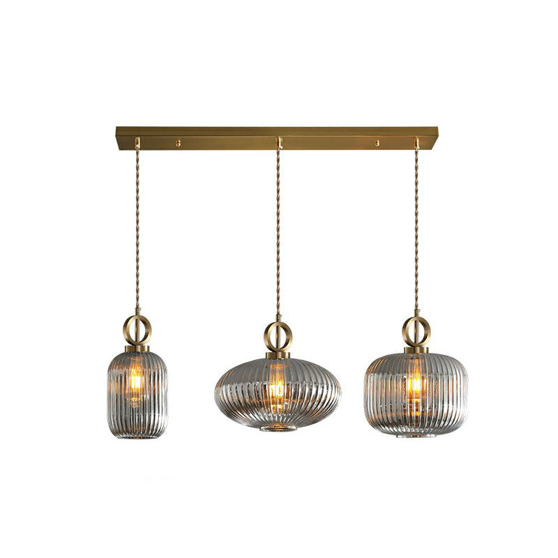 Pendante a sospensione multi-luce a forma geometrica moderna vetro a costola 3 lampadine in ottone sospensione lampada