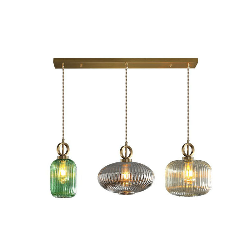 Pendante a sospensione multi-luce a forma geometrica moderna vetro a costola 3 lampadine in ottone sospensione lampada