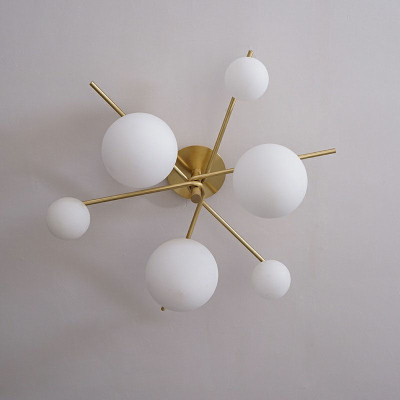 Simplicity 6-Light Semi Flush Mount Lamp Gold Sputnik Ceiling Light with Ball White Glass Shade