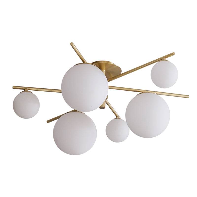 Simplicity 6-Light Semi Flush Mount Lamp Gold Sputnik Ceiling Light with Ball White Glass Shade