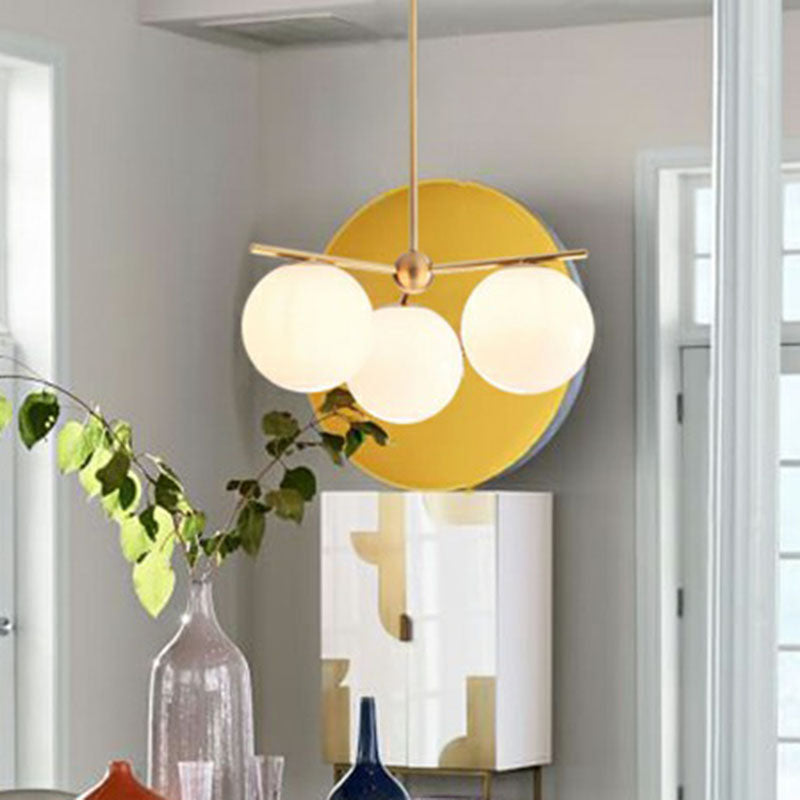 Minimalistic 3 Heads Chandelier Gold Ball Suspension Light with Cream Glass Shade