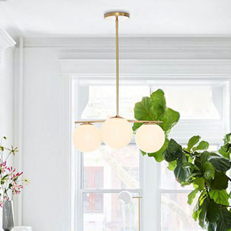 Minimalistic 3 Heads Chandelier Gold Ball Suspension Light with Cream Glass Shade
