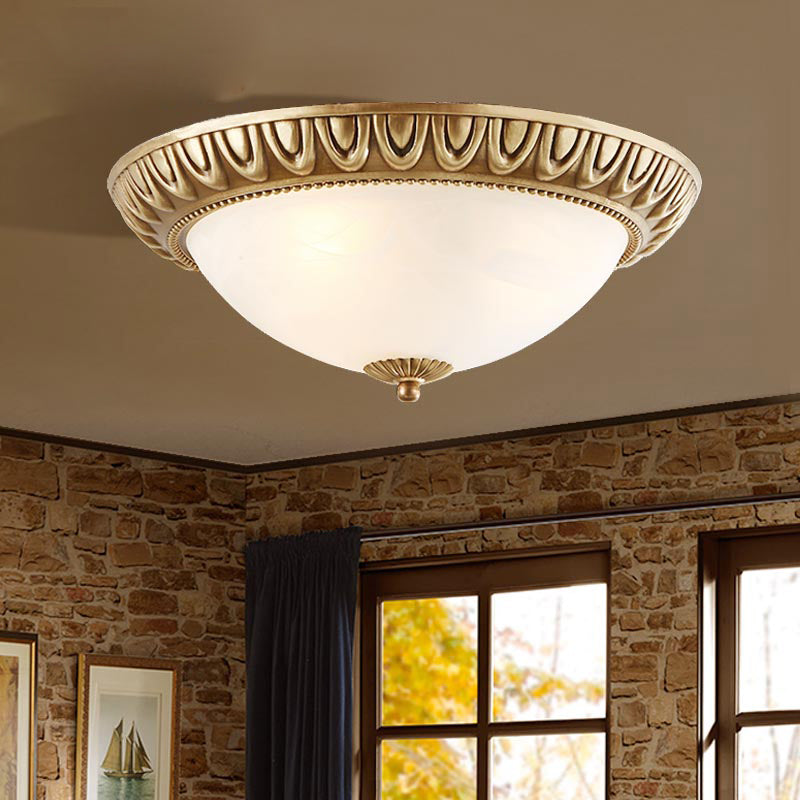 Bowl Frosted Glass Flush Fixture Traditional 4 Lights Living Room Ceiling Light in Brass