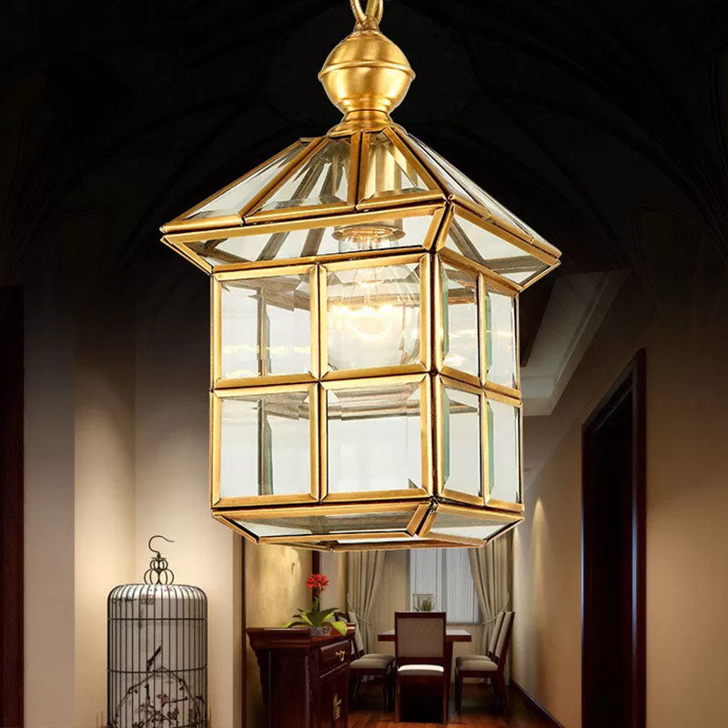 Traditional House Shaped Pendant Light Clear Glass Hanging Lamp in Brass for Foyer