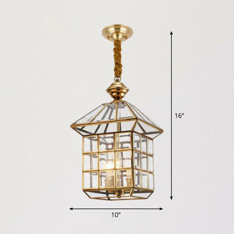 Traditional House Shaped Pendant Light Clear Glass Hanging Lamp in Brass for Foyer