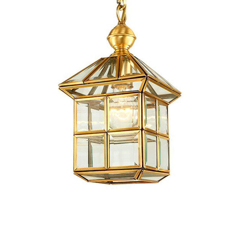 Traditional House Shaped Pendant Light Clear Glass Hanging Lamp in Brass for Foyer