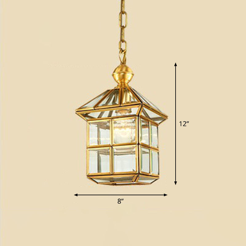 Traditional House Shaped Pendant Light Clear Glass Hanging Lamp in Brass for Foyer