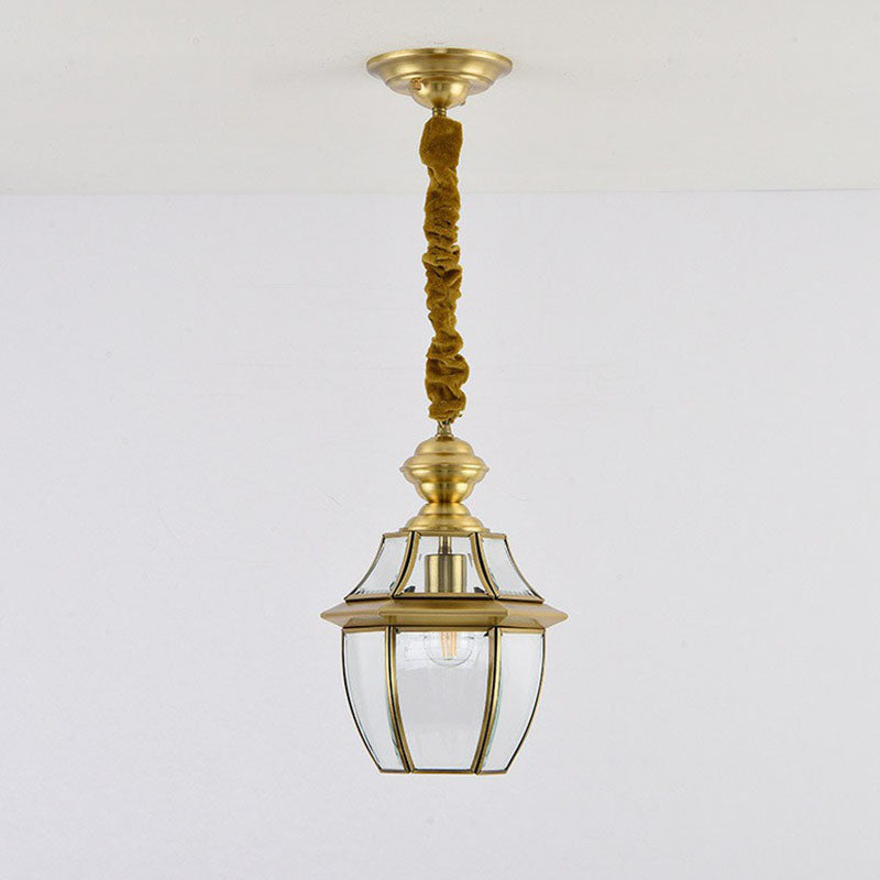 Ceiling Hanging Lantern Antique Oval Clear Glass Pendant Lighting in Brass for Dining Room