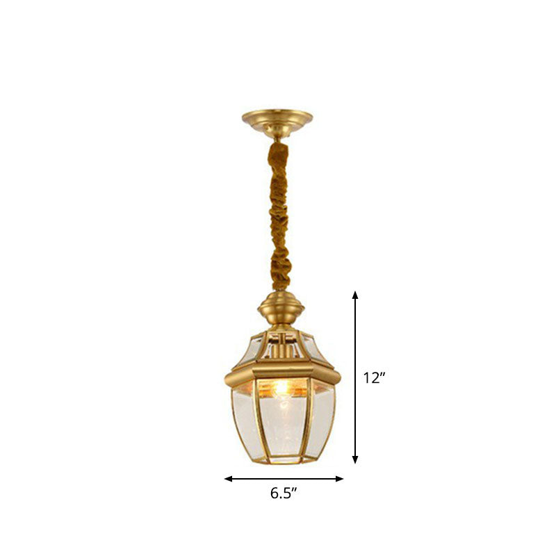 Ceiling Hanging Lantern Antique Oval Clear Glass Pendant Lighting in Brass for Dining Room