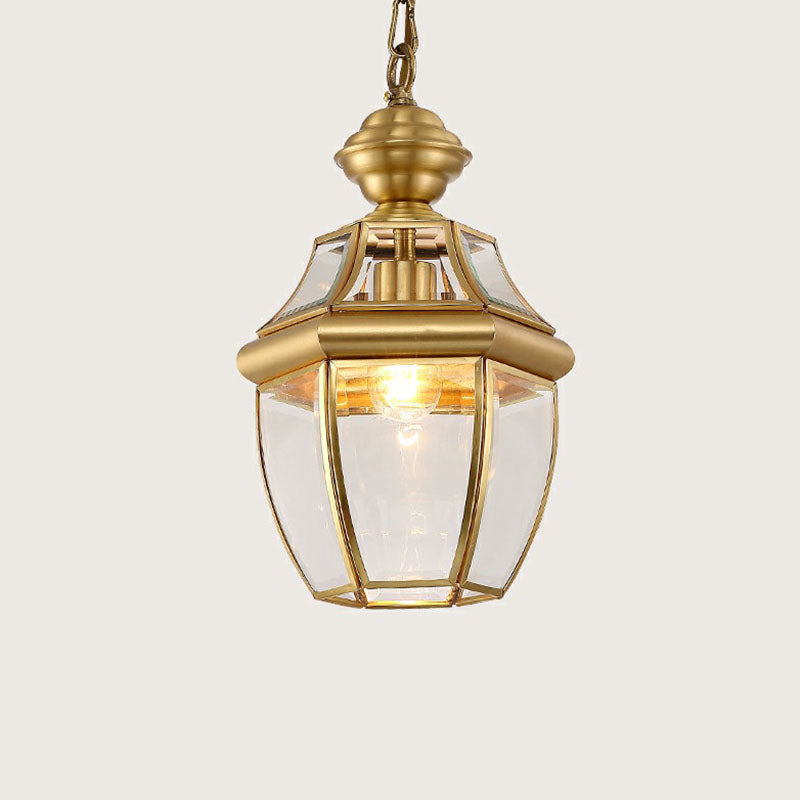 Brass Oval Lantern Pendant Lamp Colonial Style Clear Glass Corridor Ceiling Hang Light