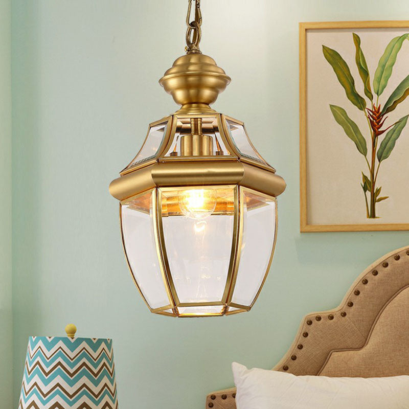 Brass Oval Lantern Pendant Lamp Colonial Style Clear Glass Corridor Ceiling Hang Light