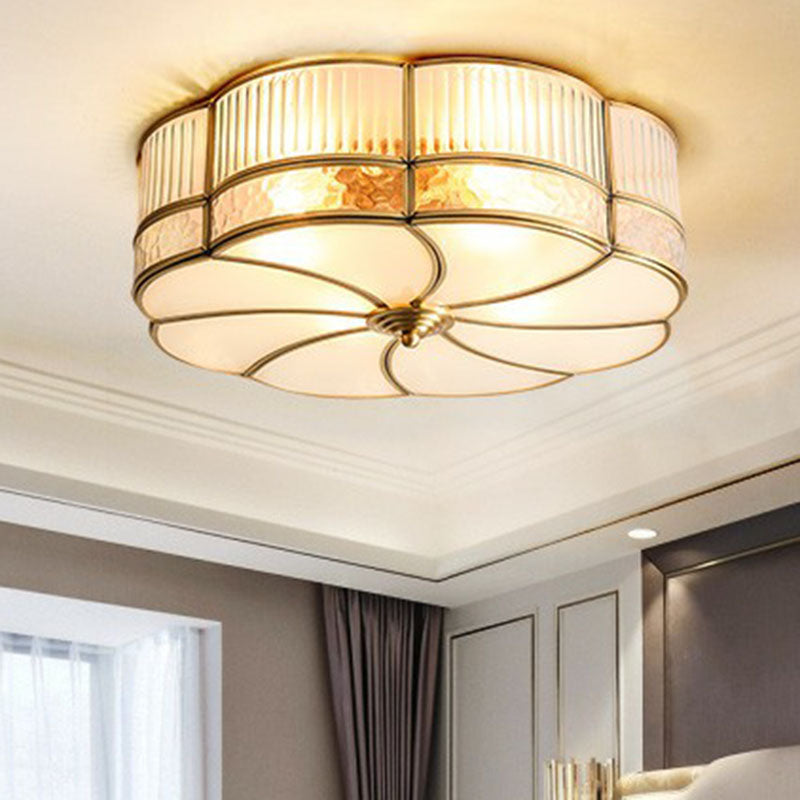 Ribbed Glass Brass Ceiling Light Flower Shaped Minimalist Flush Mount Light Fixture