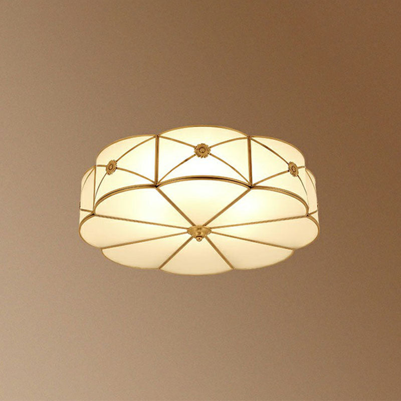 Floral Bedroom Ceiling Mounted Light Colonial Chic White Glass Brass Finish Flush Light