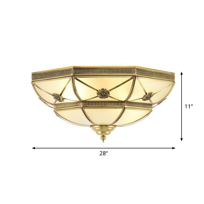 Brass Basket Shaped Flush Light Traditional Frosted Glass Bedroom Flushmount Ceiling Lamp