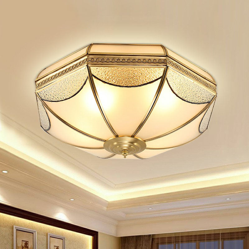 Dome Shaped Flush Mount Ceiling Light Simplicity Brass Finish Water and Frost Glass Flushmount