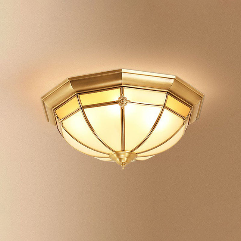 Colonial Dome Shaped Flush Mount Lighting Opal Frosted Glass Ceiling Fixture in Brass