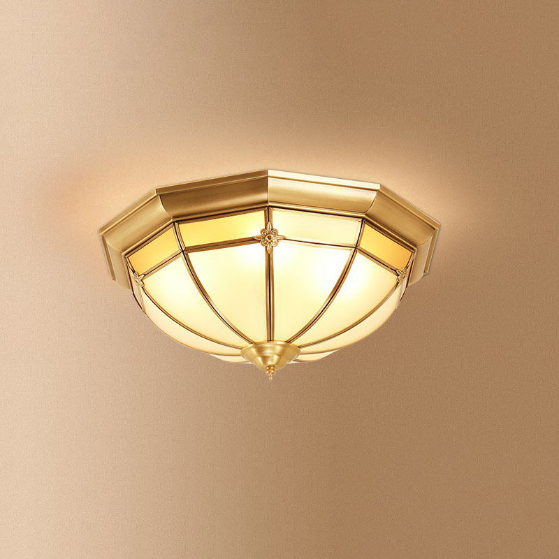 Colonial Dome Shaped Flush Mount Lighting Opal Frosted Glass Ceiling Fixture in Brass