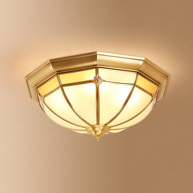 Colonial Dome Shaped Flush Mount Lighting Opal Frosted Glass Ceiling Fixture in Brass
