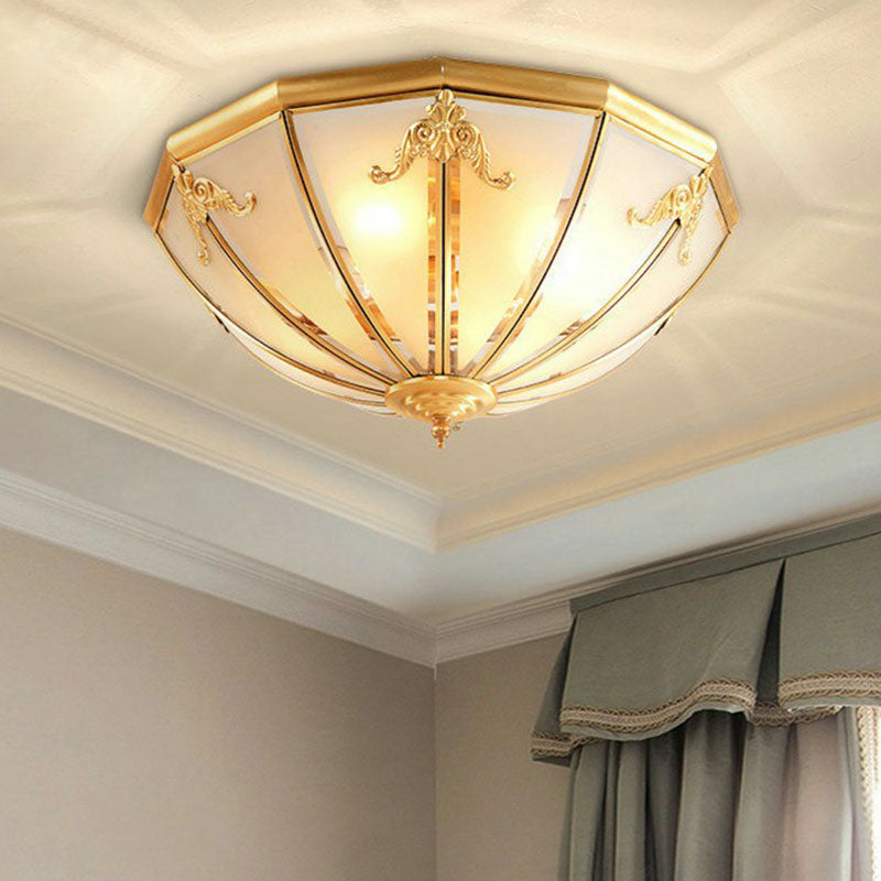 3 Lights Hemispherical Ceiling Light Fixture Colonial Style Brass Frosted White Glass Flush Mount Lamp