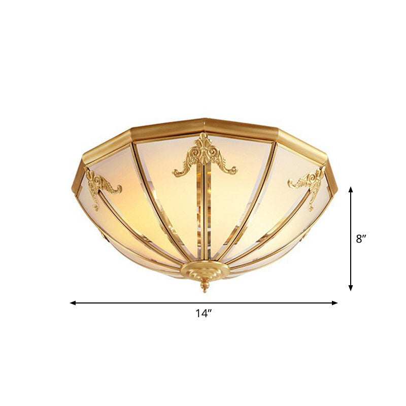 3 Lights Hemispherical Ceiling Light Fixture Colonial Style Brass Frosted White Glass Flush Mount Lamp