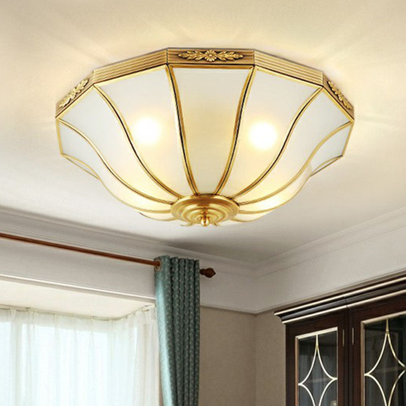 Traditional Bell Shaped Flush Mount Lamp Opaline Glass Flush Ceiling Light in Brass for Corridor