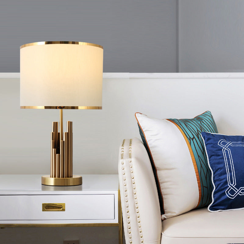 Round Shade Study Room Table Lighting Minimalist Fabric 1-Light Brass Nightstand Lamp