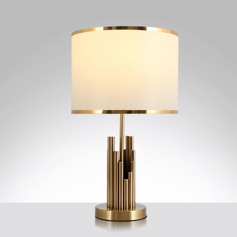 Round Shade Study Room Table Lighting Minimalist Fabric 1-Light Brass Nightstand Lamp