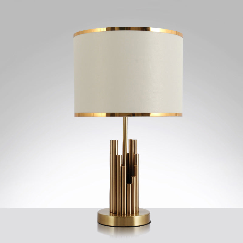 Round Shade Study Room Table Lighting Minimalist Fabric 1-Light Brass Nightstand Lamp