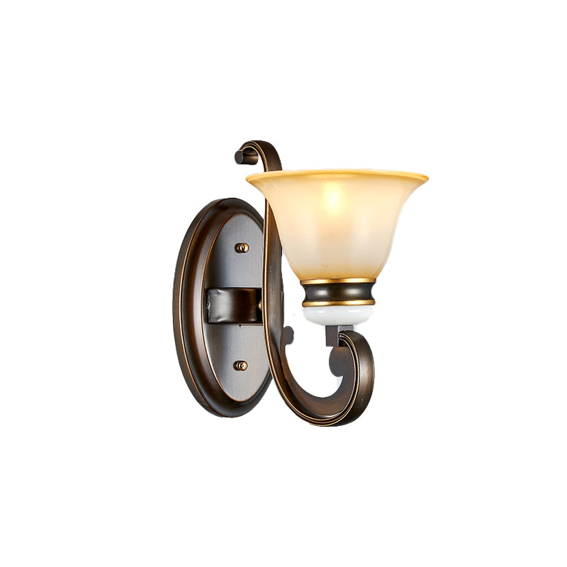 1/2-Light Bell Wall Light Antique Style Black Frosted Glass Wall Sconce with Curvy Arm for Bedroom