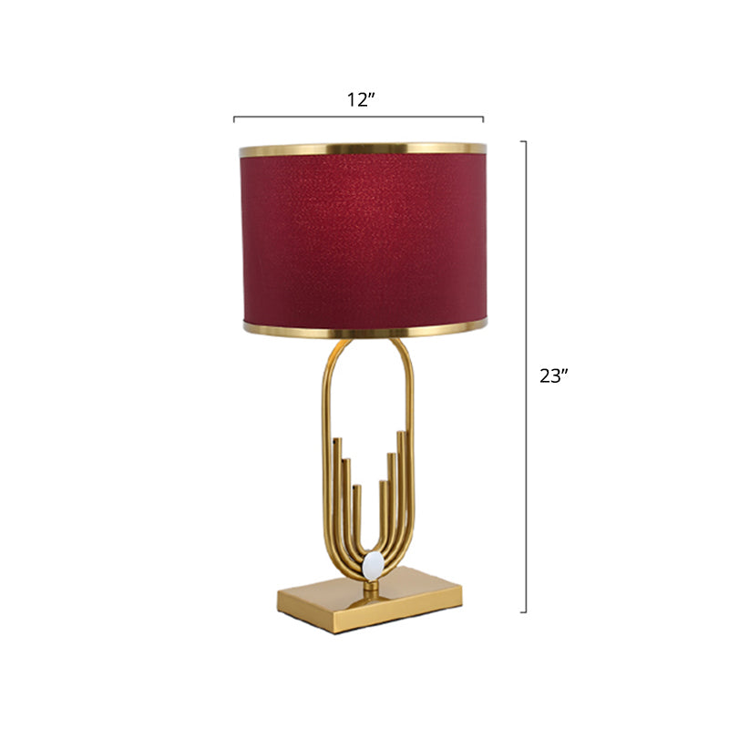 Fabric Drum Nightstand Lamp Simplicity 1��Bulb Bedside Table Lighting in Red for Living Room