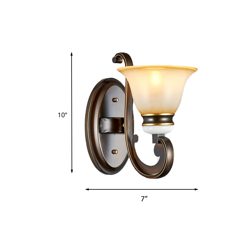 1/2-Light Bell Wall Light Antique Style Black Frosted Glass Wall Sconce with Curvy Arm for Bedroom