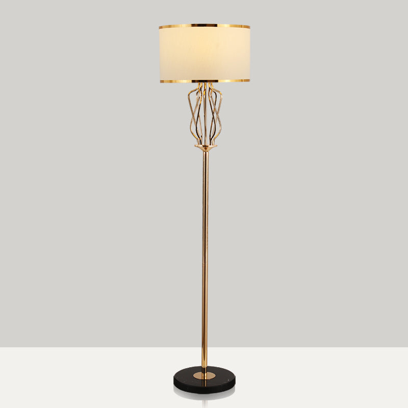 Round Fabric Standing Light Classic Style 1��Head Living Room Floor Lighting in Brass