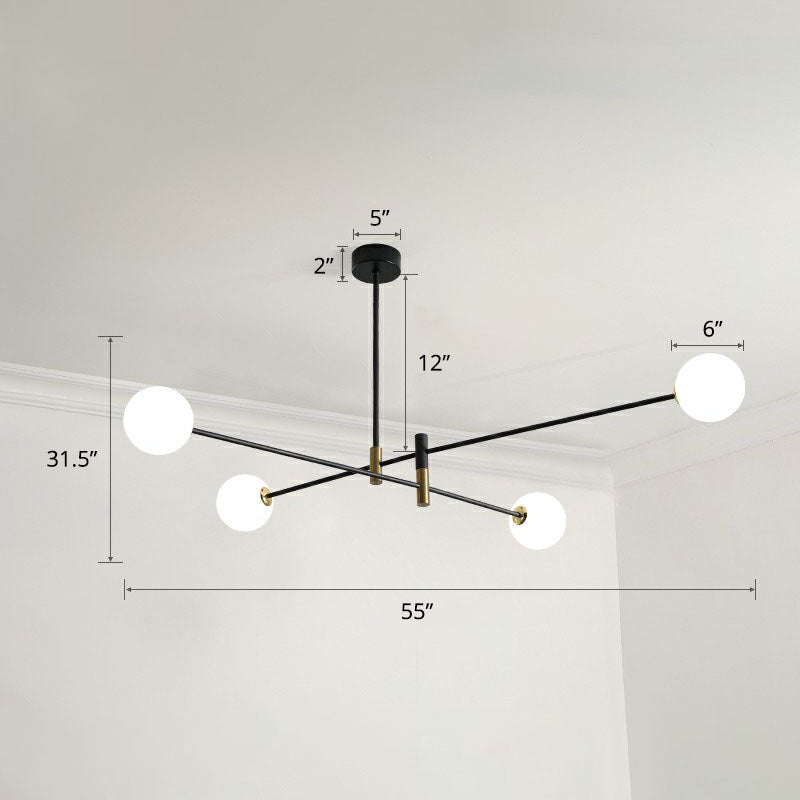 Soggiorno radiale sospeso leggero sfere opaline vetro semplicità lampadario in nero