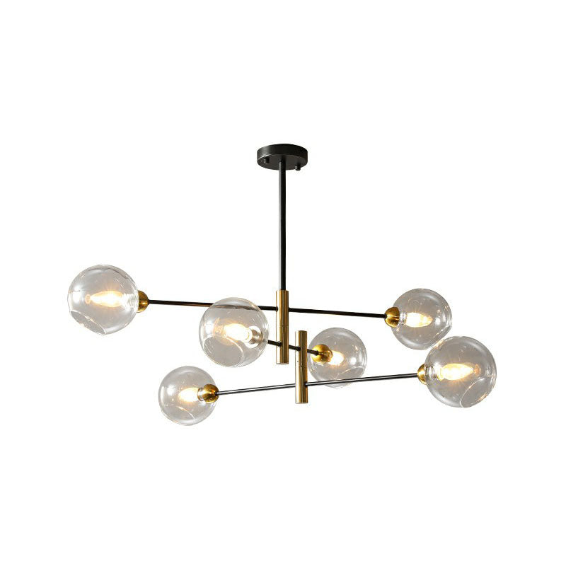 Glass Dome Chandelier Minimalism Black and Brass Suspended Lighting Fixture for Dining Room