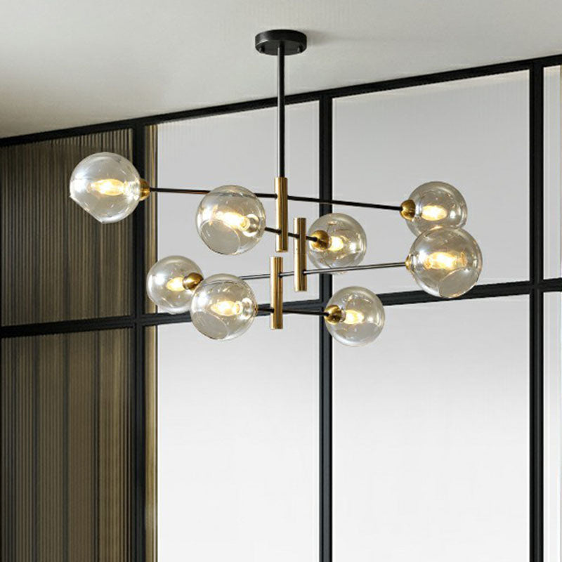 Glass Dome Chandelier Minimalism Black and Brass Suspended Lighting Fixture for Dining Room