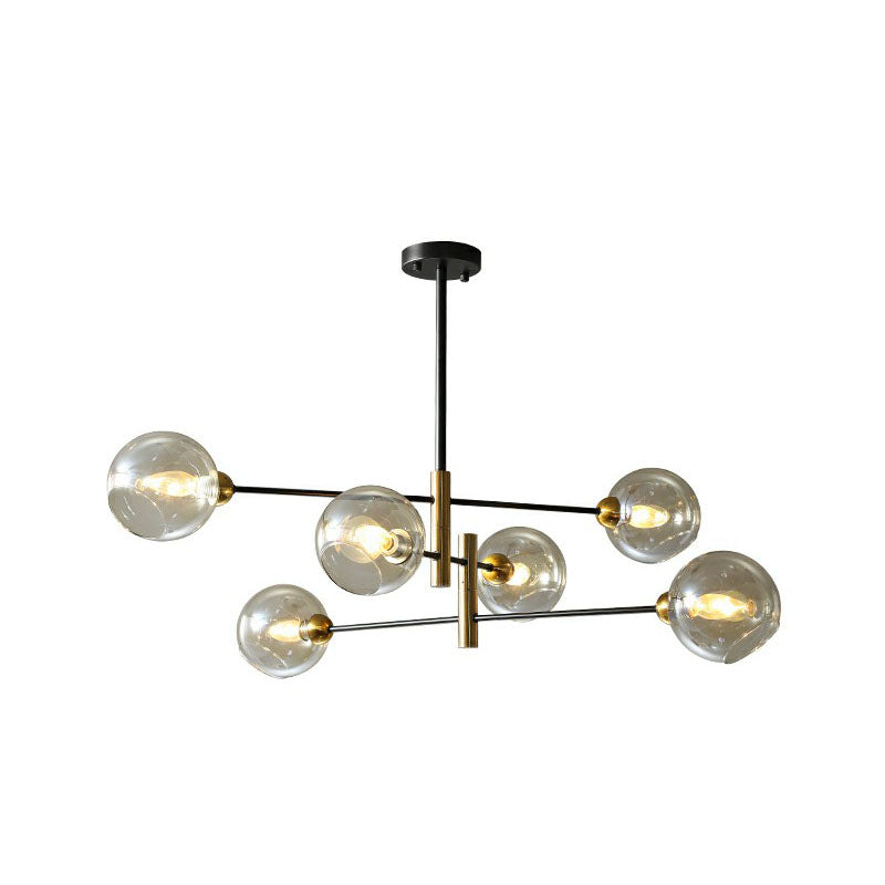 Glass Dome Chandelier Minimalism Black and Brass Suspended Lighting Fixture for Dining Room