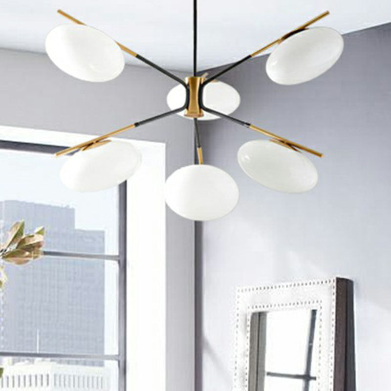 Minimalistic Chandelier Lamp Black-Brass Oval Ceiling Hang Light with Cream Glass Shade