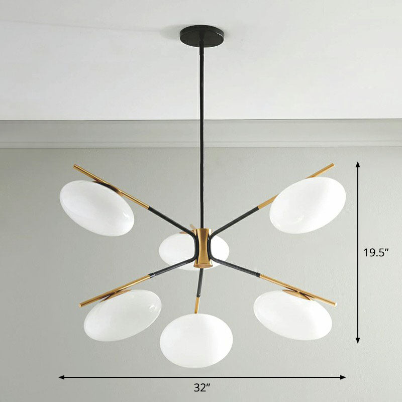 Minimalistic Chandelier Lamp Black-Brass Oval Ceiling Hang Light with Cream Glass Shade