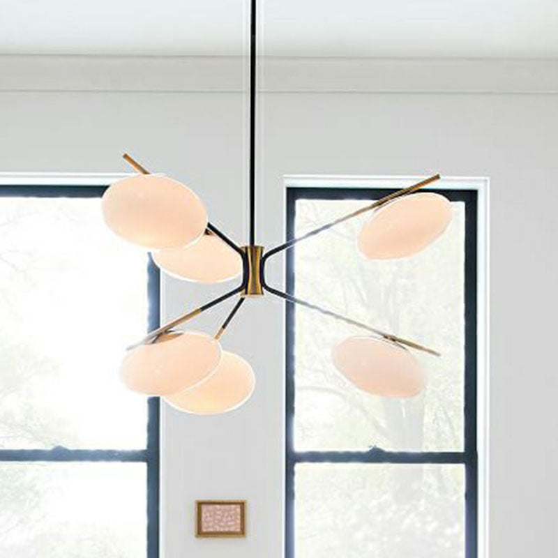 Minimalistic Chandelier Lamp Black-Brass Oval Ceiling Hang Light with Cream Glass Shade