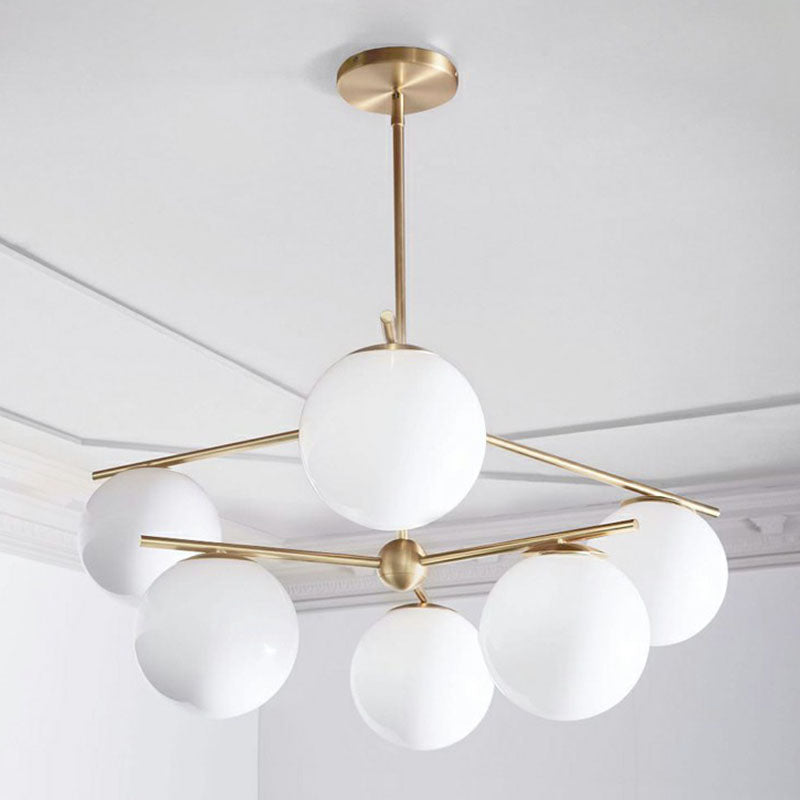 Lampadità del lampadario a globo di vetro bianco semplicità 6 teste lampada a soffitto oro per soggiorno