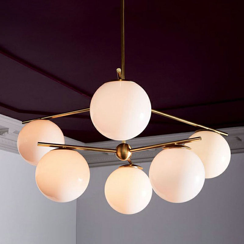 Lampadità del lampadario a globo di vetro bianco semplicità 6 teste lampada a soffitto oro per soggiorno