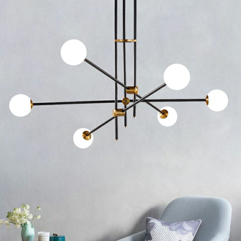 Simplicity Linear Chandelier Metal Living Room Pendant Lighting with Ball White Glass Shade in Black