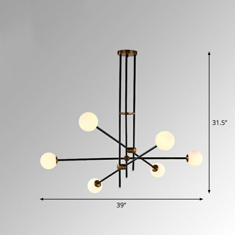 Simplicity Linear Chandelier Metal Living Room Pendant Lighting with Ball White Glass Shade in Black
