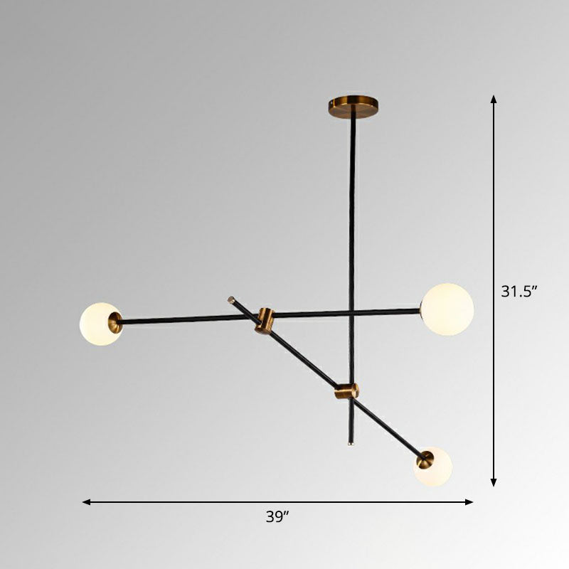 Simplicity Linear Chandelier Metal Living Room Pendant Lighting with Ball White Glass Shade in Black